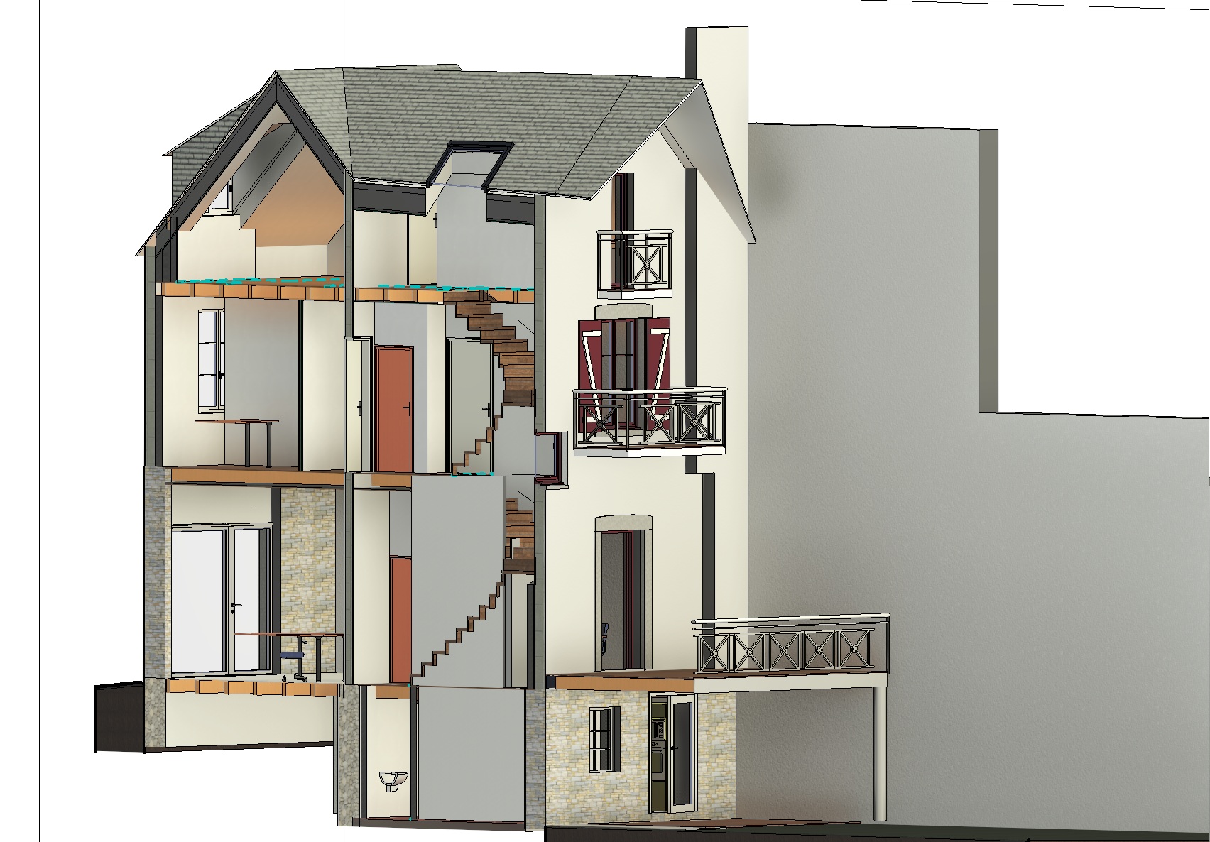 Coupe transversale 3D d'une maison à plusieurs étages.