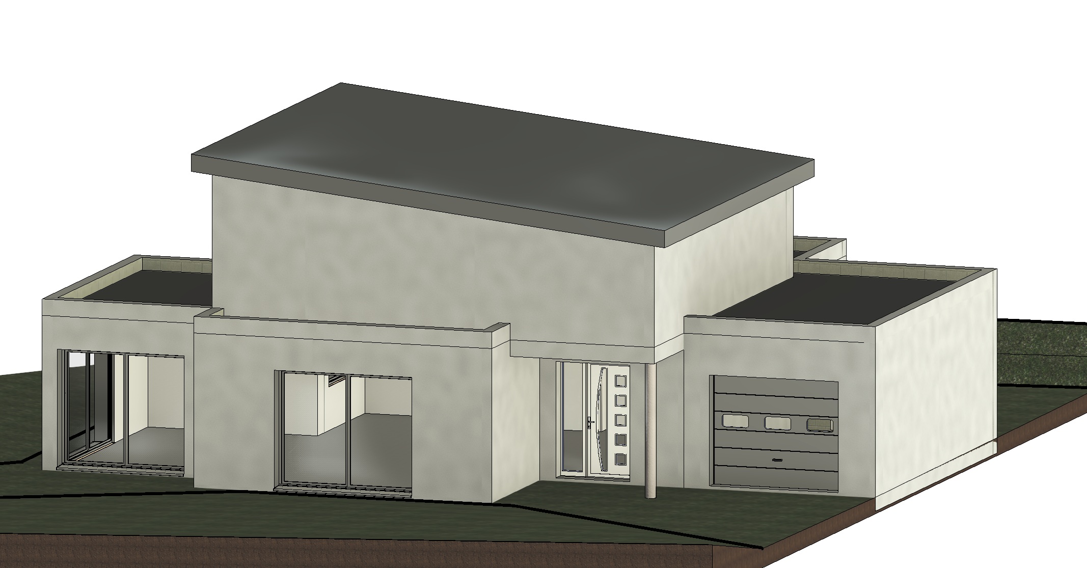 Modèle 3D d'une maison moderne à toit plat.