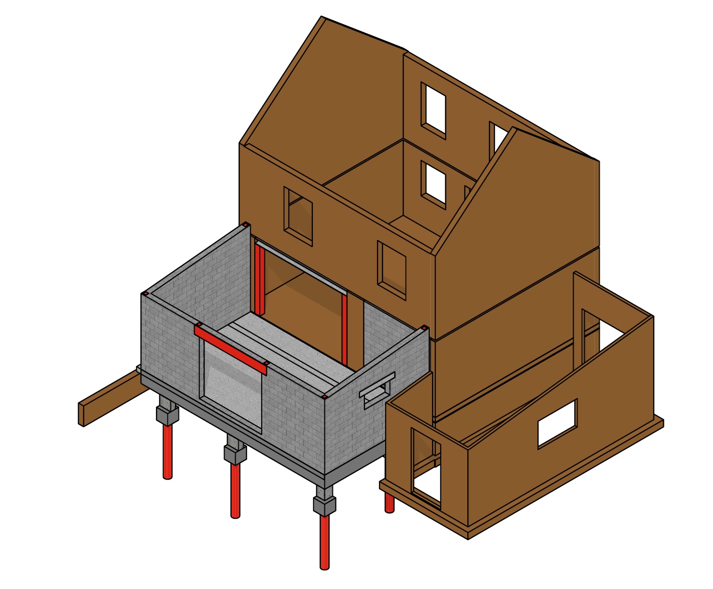 Schéma 3D d'une extension de maison sur pilotis rouges.