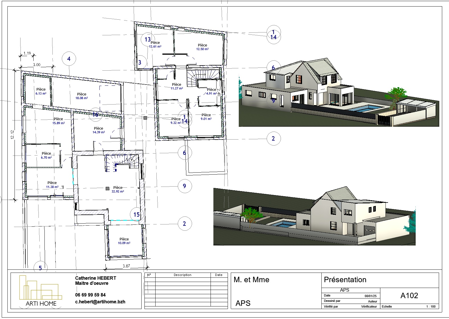 Plan architectural et modélisation 3D d'une maison individuelle.