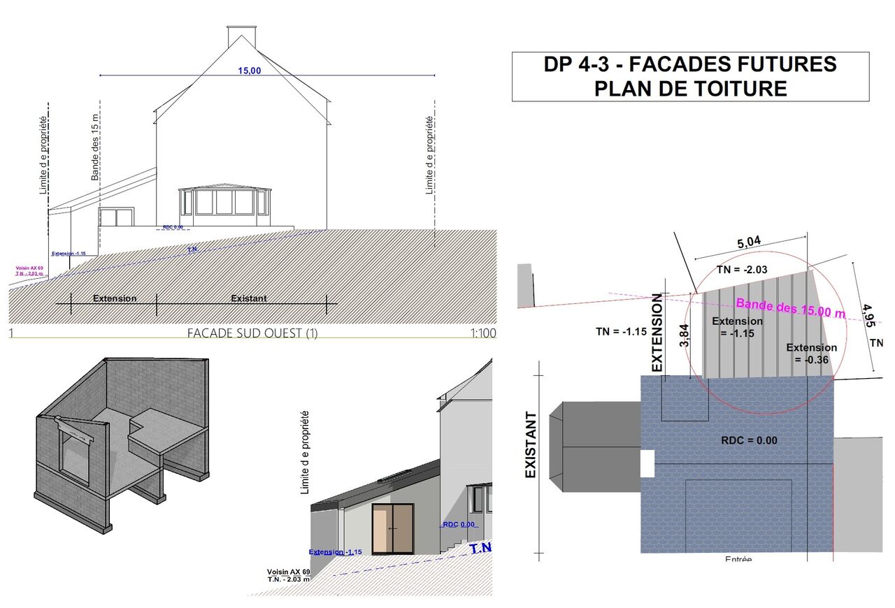 Plans techniques d'architecte pour une extension de maison.