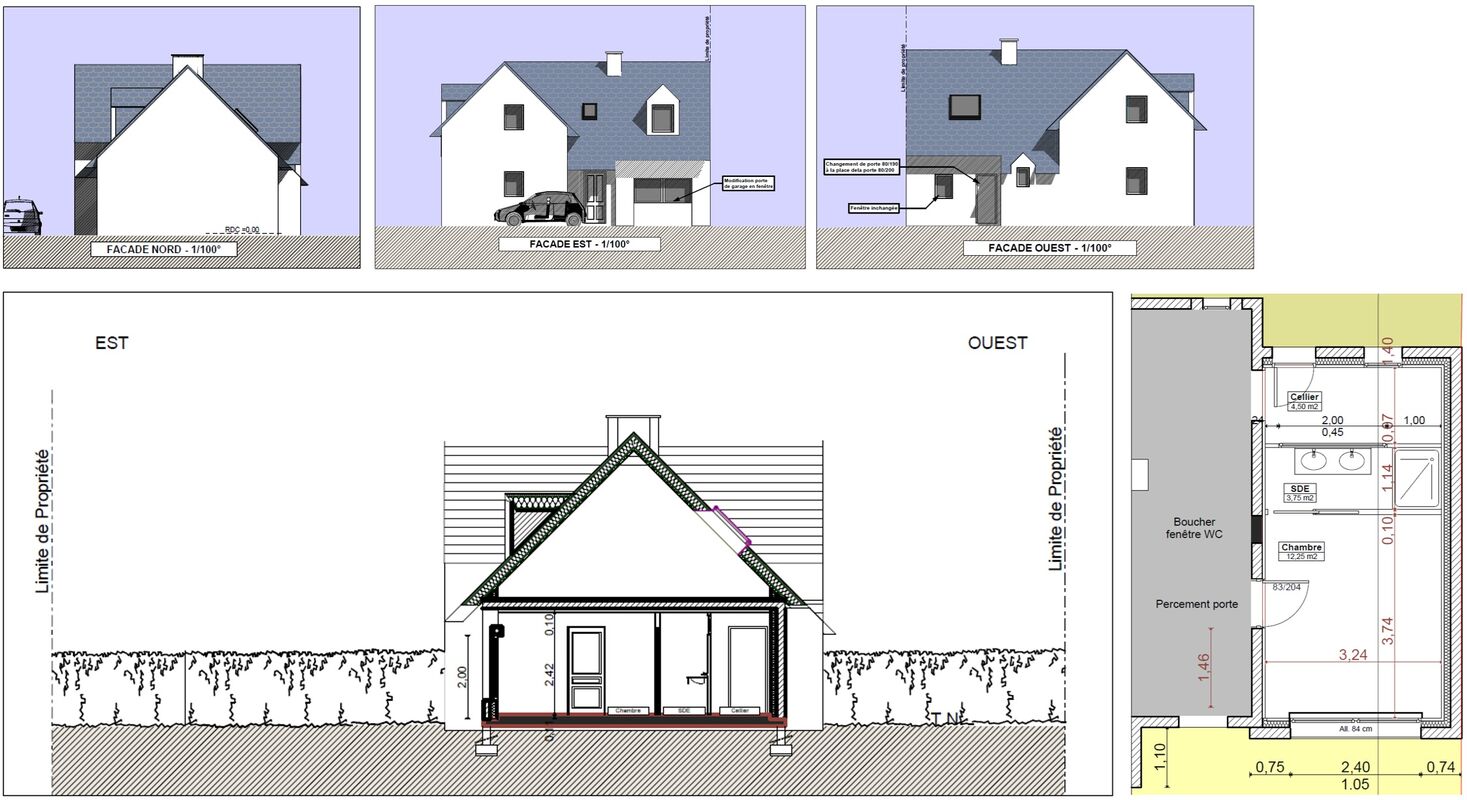 Plans architecturaux détaillant les façades et l'aménagement d'une maison.